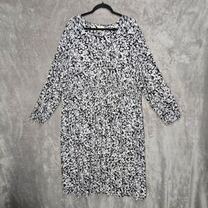 Terra Sky Dress 3X (24W-26W) Black White Floral Smock Waist Long Sleeves Stretch